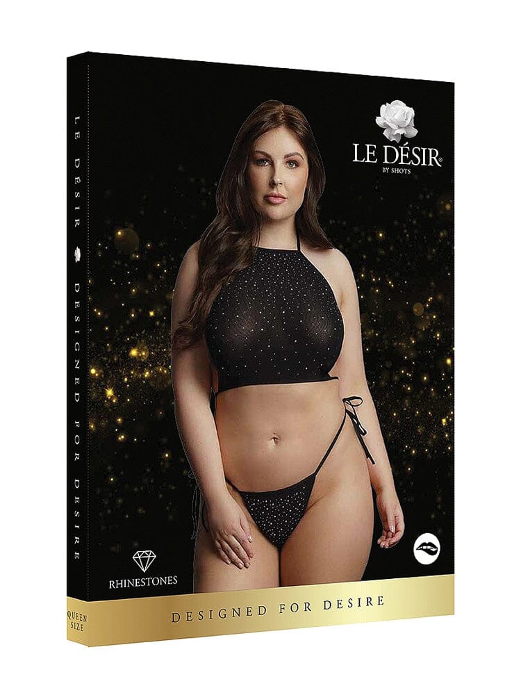 Festive Rhinestone Black Crop Top and Thongs Set OS/XL - Image 2