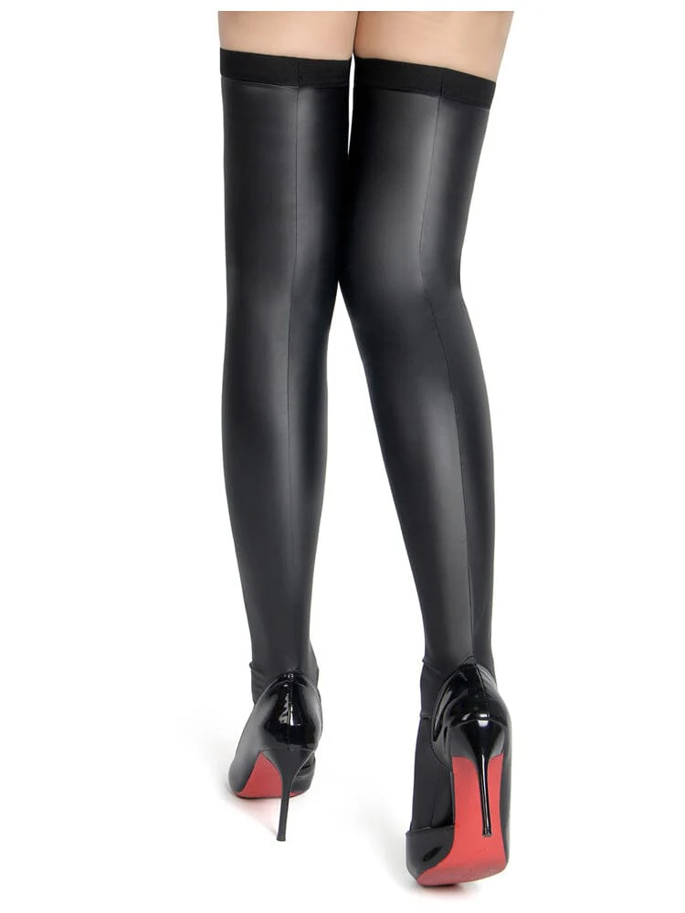 Matte Leather Elastic Stockings - Black OSXL - Image 3