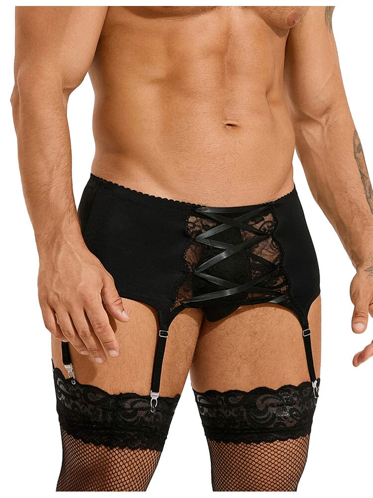Men's Garter Panty With Lace Straps - Black L
