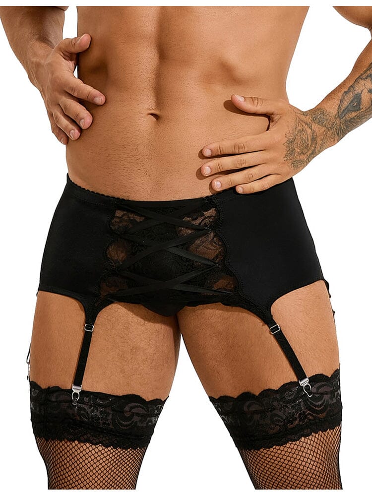 Men's Garter Panty With Lace Straps - Black S - Image 2