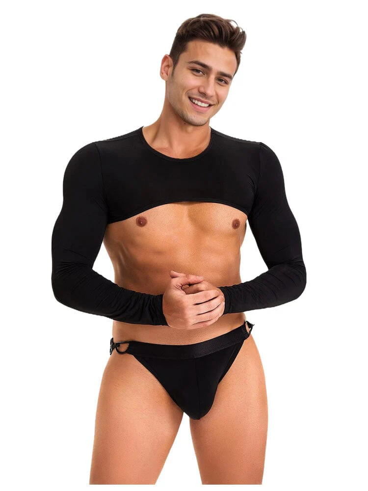 Men's Ice Silk Long Sleeves Crop Top With Thongs - Black M/L
