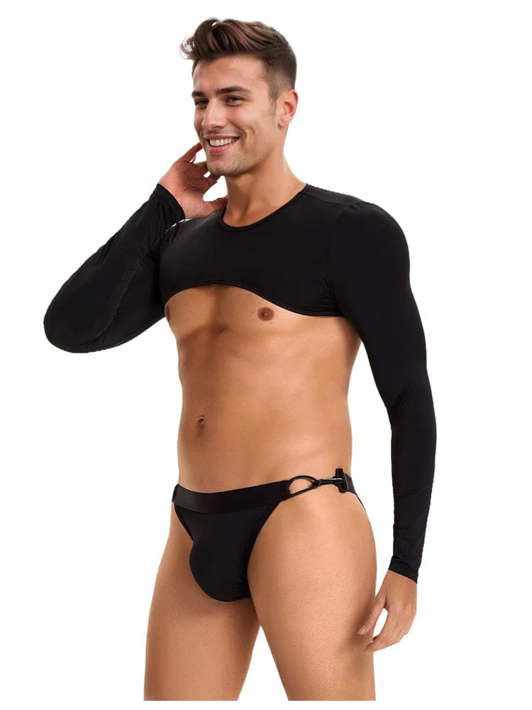 Men's Ice Silk Long Sleeves Crop Top With Thongs - Black M/L - Image 2