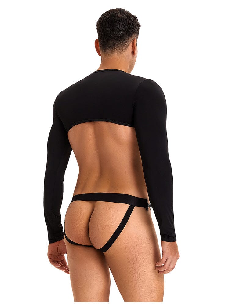 Men's Ice Silk Long Sleeves Crop Top With Thongs - Black M/L - Image 3