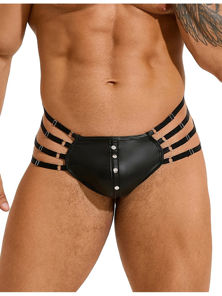 Sexy Leather Adjustable Elastic Bands Men's Thong - Black S/M